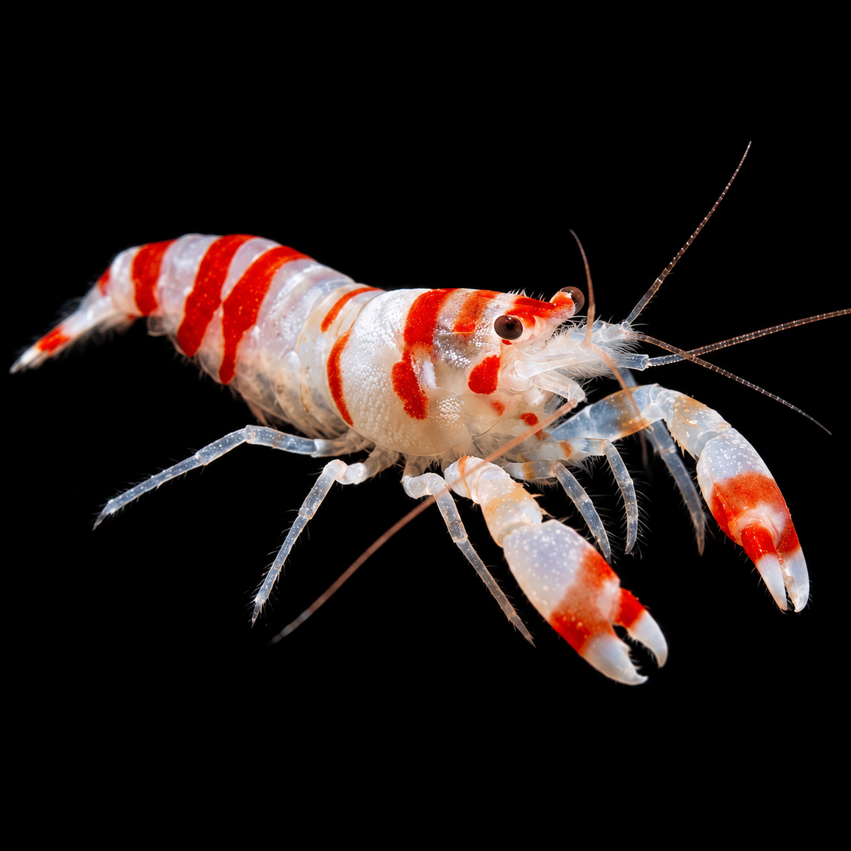 Candy Cane Pistol Shrimp on black background