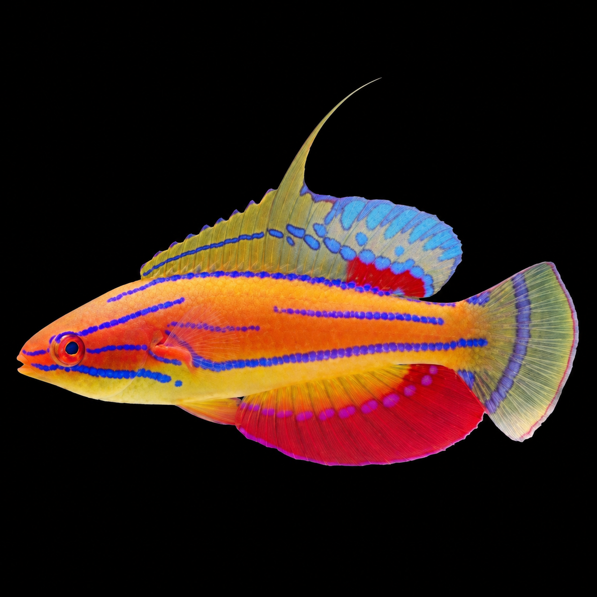 Carpenter's Flasher Wrasse facing left on black — AI-edited representative image