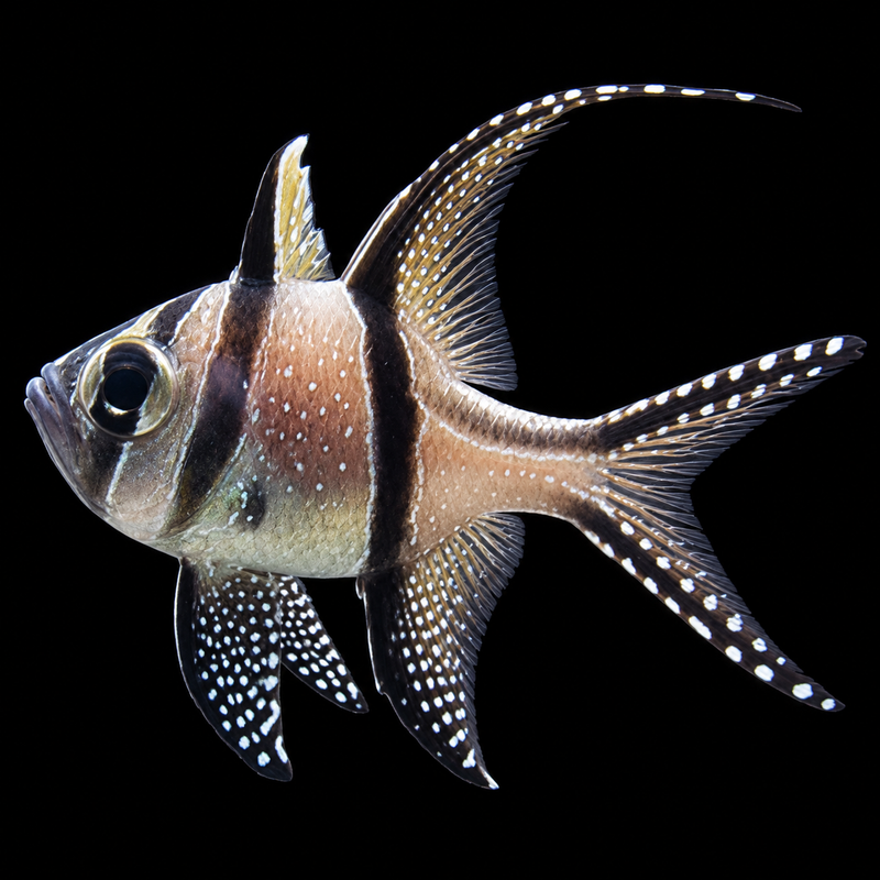 Banggai cardinalfish facing left; edited representative photo by JSutton93, CC BY-SA 4.0