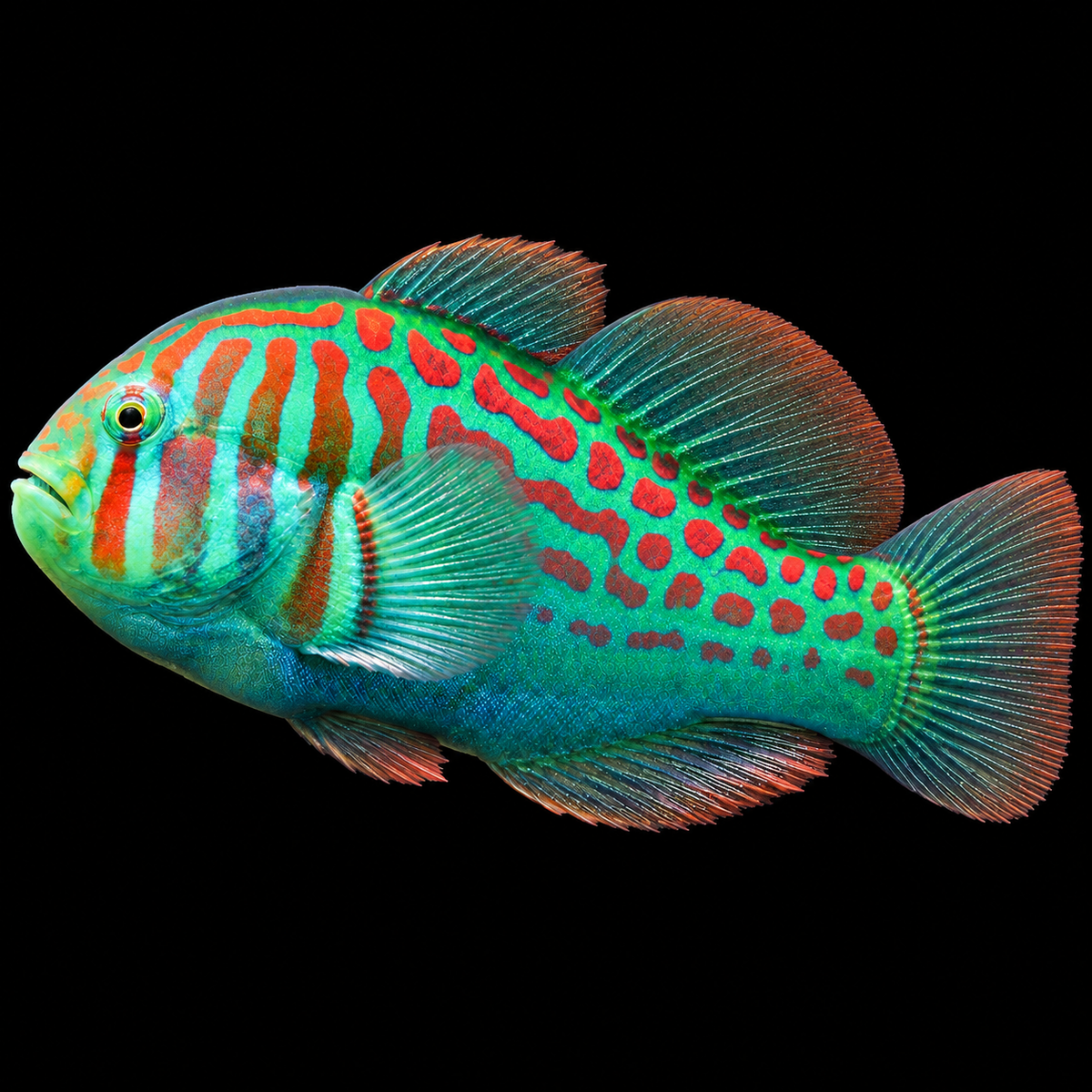 Green Broad-Barred Clown Goby facing left on black background