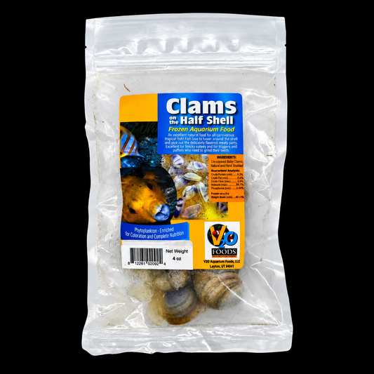 V2O Clams on the Half Shell 4oz bag on black background