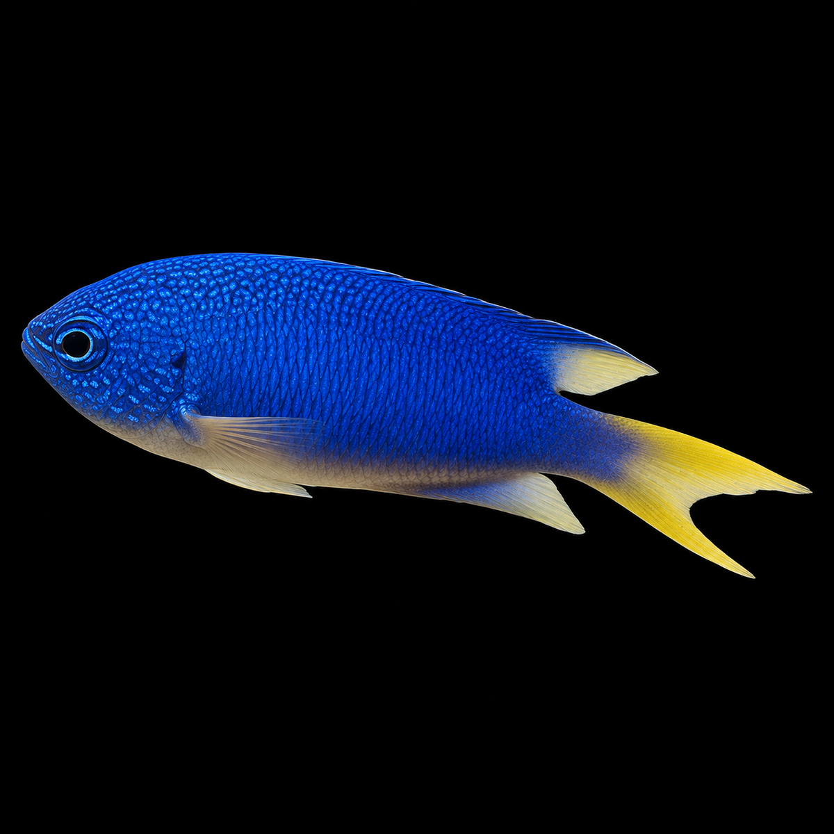 Pavo Damsel facing left on black — AI-edited representative image
