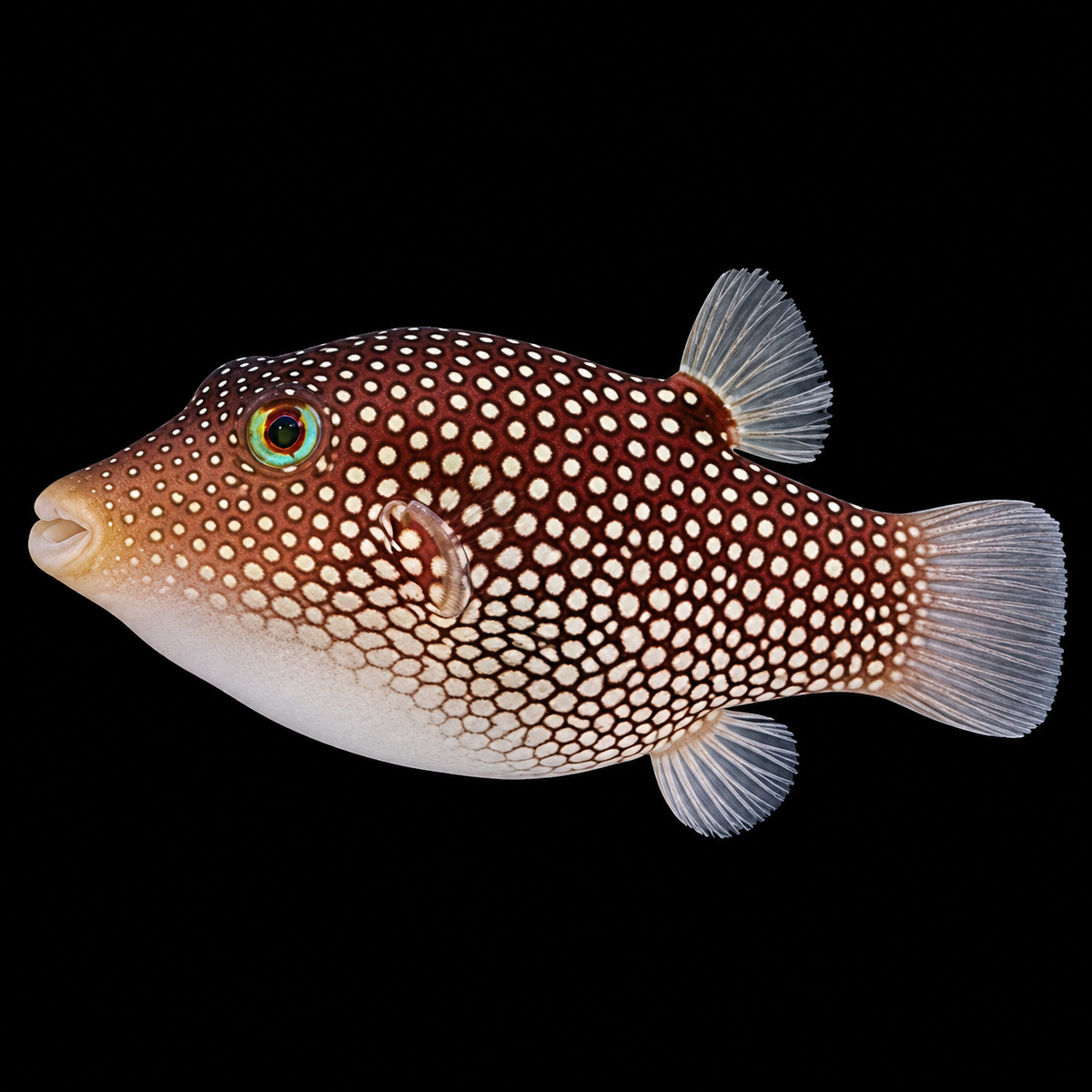 Spotted Sharpnose Puffer facing left on black background