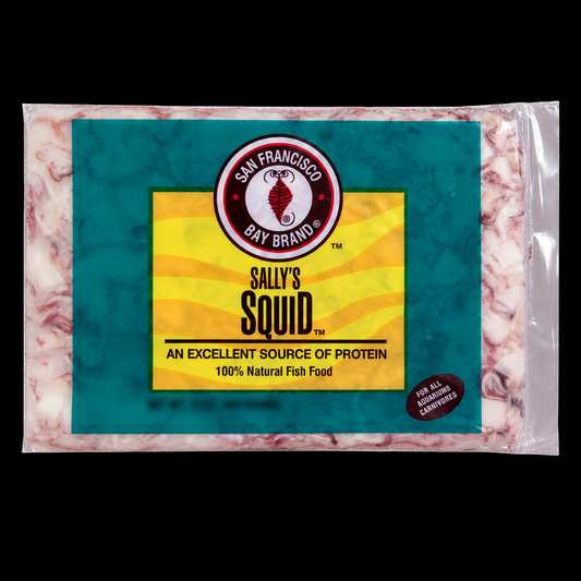 Sally’s Squid flat pack on black background, weight label blurred