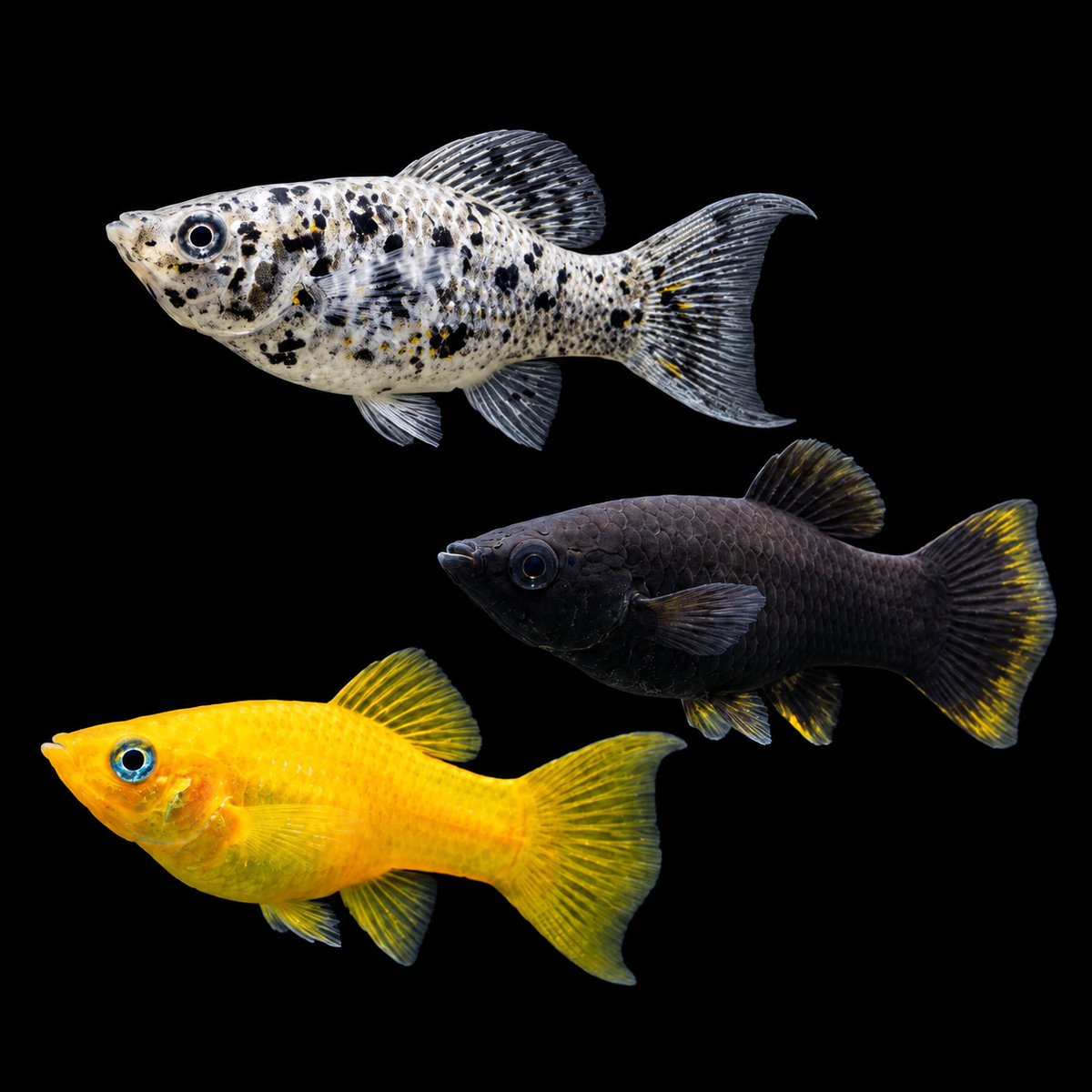 Assorted saltwater molly colors facing left on black — sold individually; AI-edited representative image