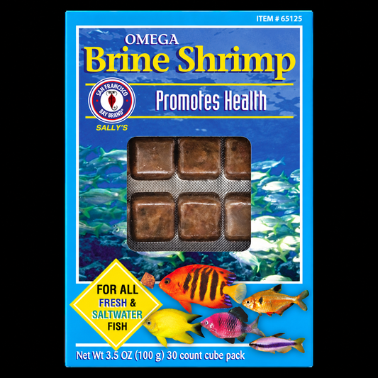 San Francisco Bay Brand Omega Brine Shrimp 3.5 oz 30 cube pack on black background