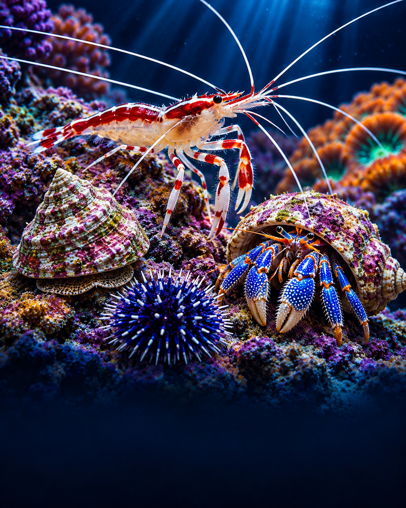 Invertebrates category illustration with shrimp, hermit crab, snail and urchin