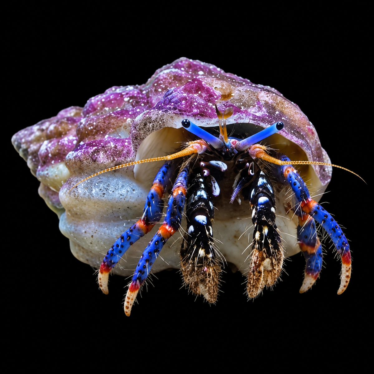 Tiny Blue Hermit on black background