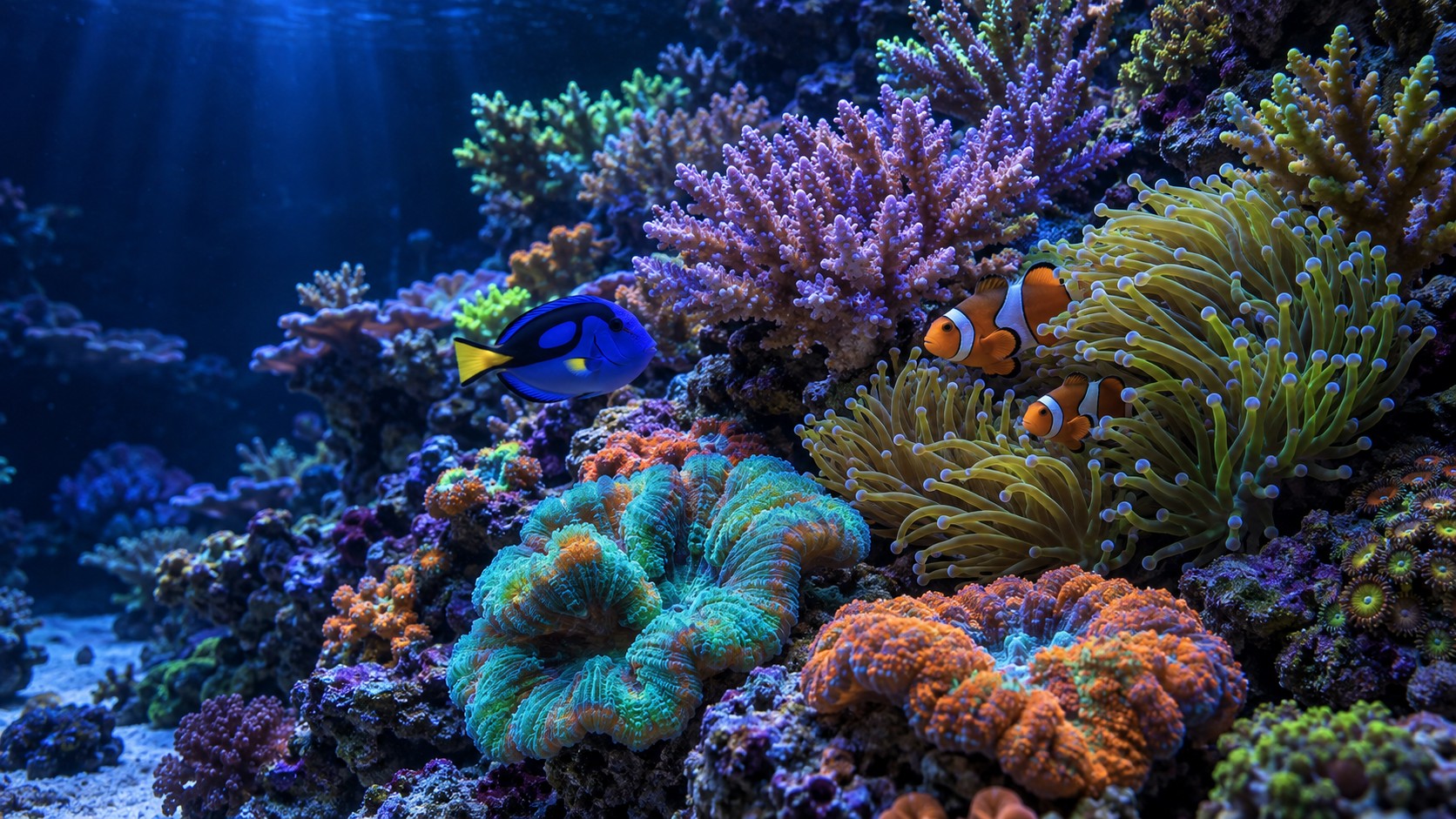 AI concept of a coral reef with clownfish and a blue tang